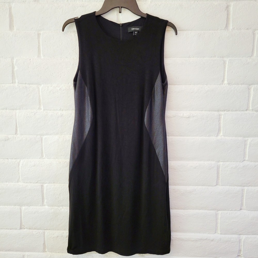 Karen Kane Women's Large Black Sheath Sleeveless Dress with Faux Leather Detail